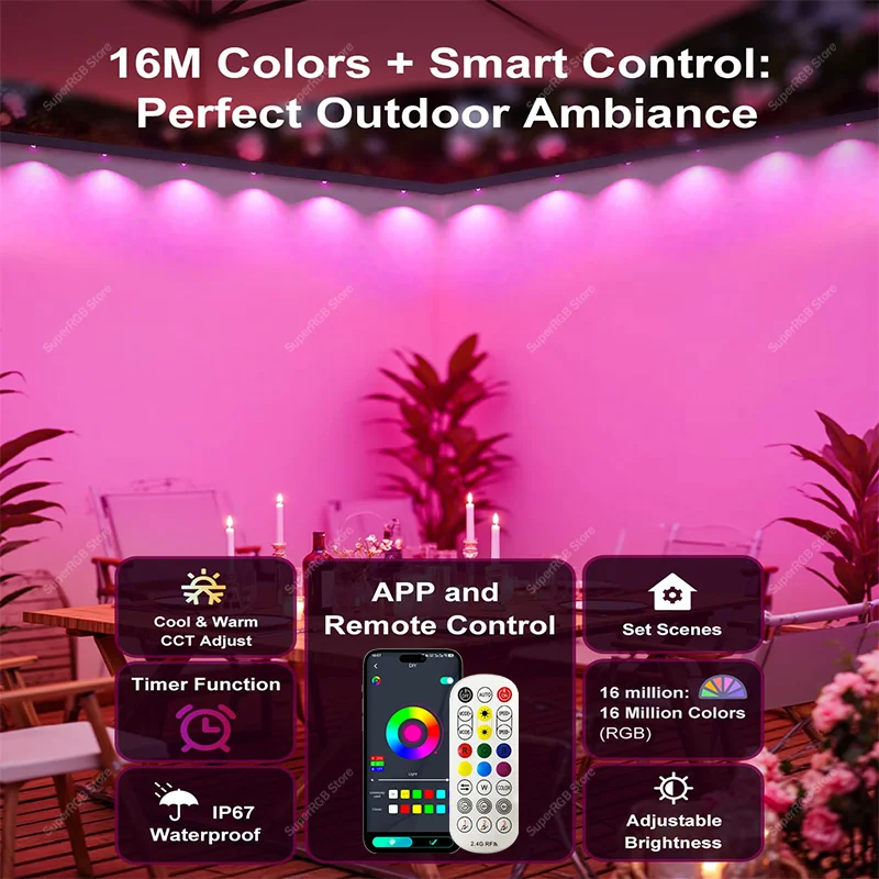 100フィート スマート屋外軒先RGBIC LEDライト Bluetoothアプリ制御 色変更 DIYシーンモード ハウスデコレーション フェスティバル照明