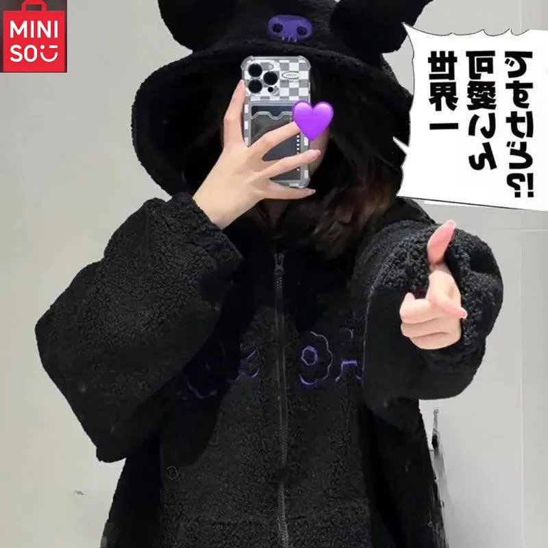 

MINISO jk униформа, черная толстовка с вышивкой, имитация флиса ягненка, осень/зима, плотное свободное пальто для девочек, женское модное