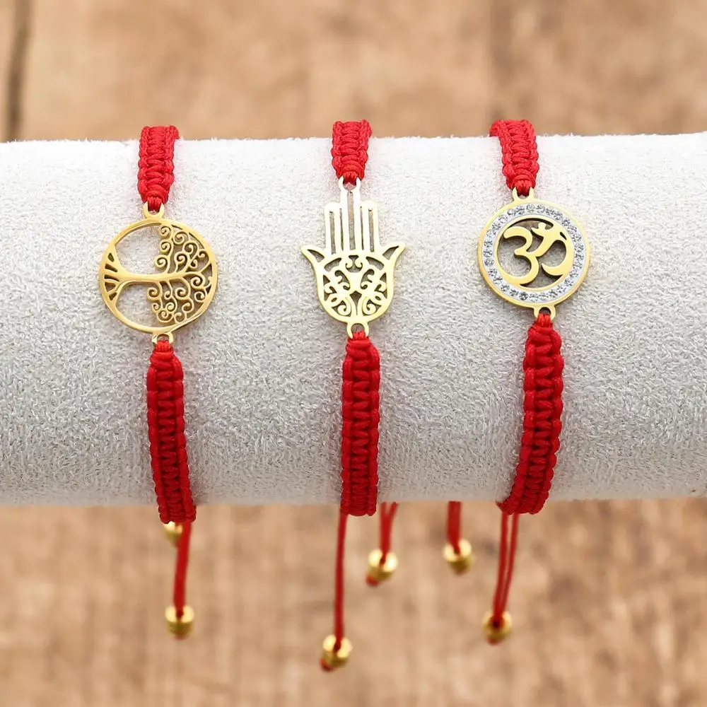Pulsera trenzada de cuerda roja hecha a mano, pulseras y brazaletes con dijes de la suerte budista tibetano de acero inoxidable para mujeres y hombres, regalo