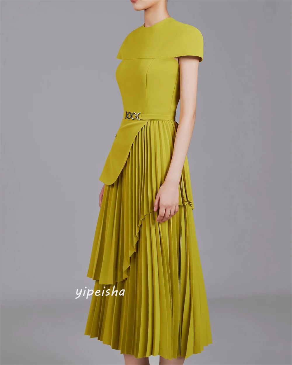 Jiayigong  Satin Draped Sashes Clubbing A-line Jewel Bespoke Occasion Gown Long Sleeve Dresses