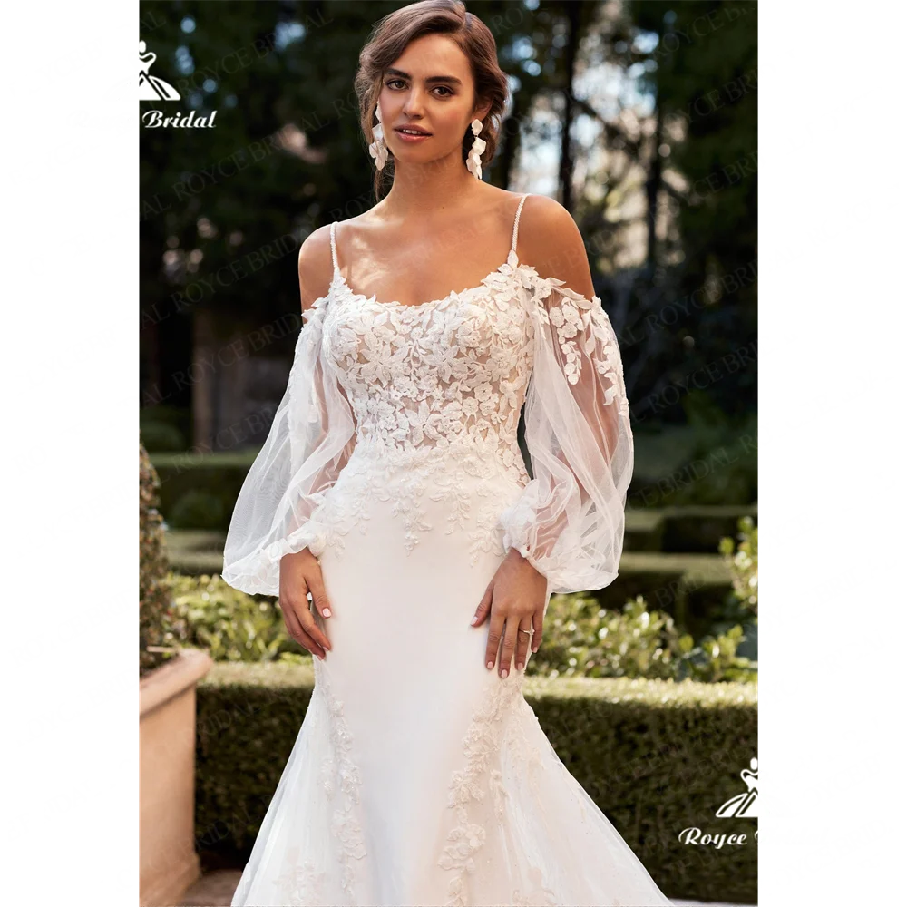 Roycebridal-فستان زفاف حورية البحر برقبة قارب ، فستان دانتيل ، فستان محكمة ،