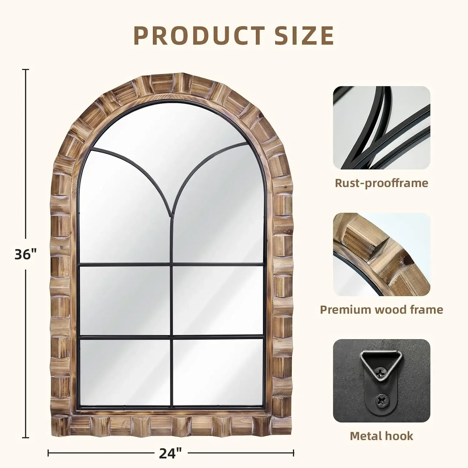 36x24 Inch Arched Window Pane Wall Mirror | Rustic Farmhouse Solid Wood Decorative Mirror for for Living Room, Bedroom, Entryway