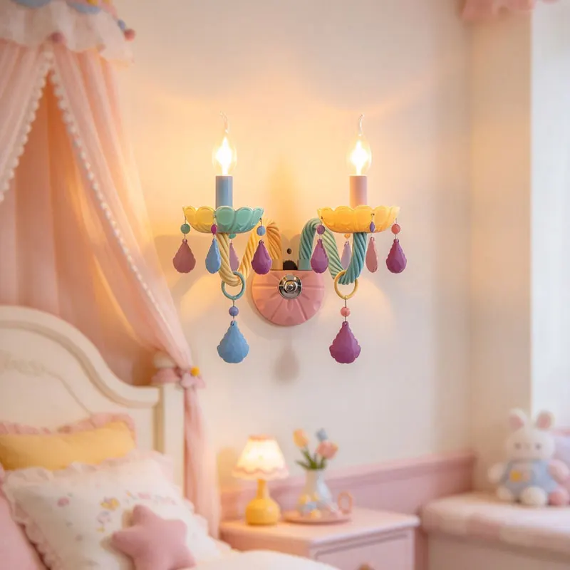 European Style 2-Piece Crystal Wall Lampnordic Minimalist Macaron Study Hallway Bedroom Princess Room Decoration Wall Light