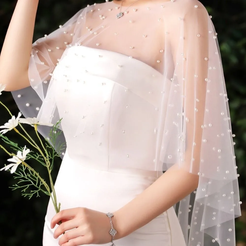 Fashion Lace Bride Wedding Dress Shawl Party Jacket Wraps Dress Decor Pearl Cape Soft Sheer Jewel Collar For Women Dress image 3