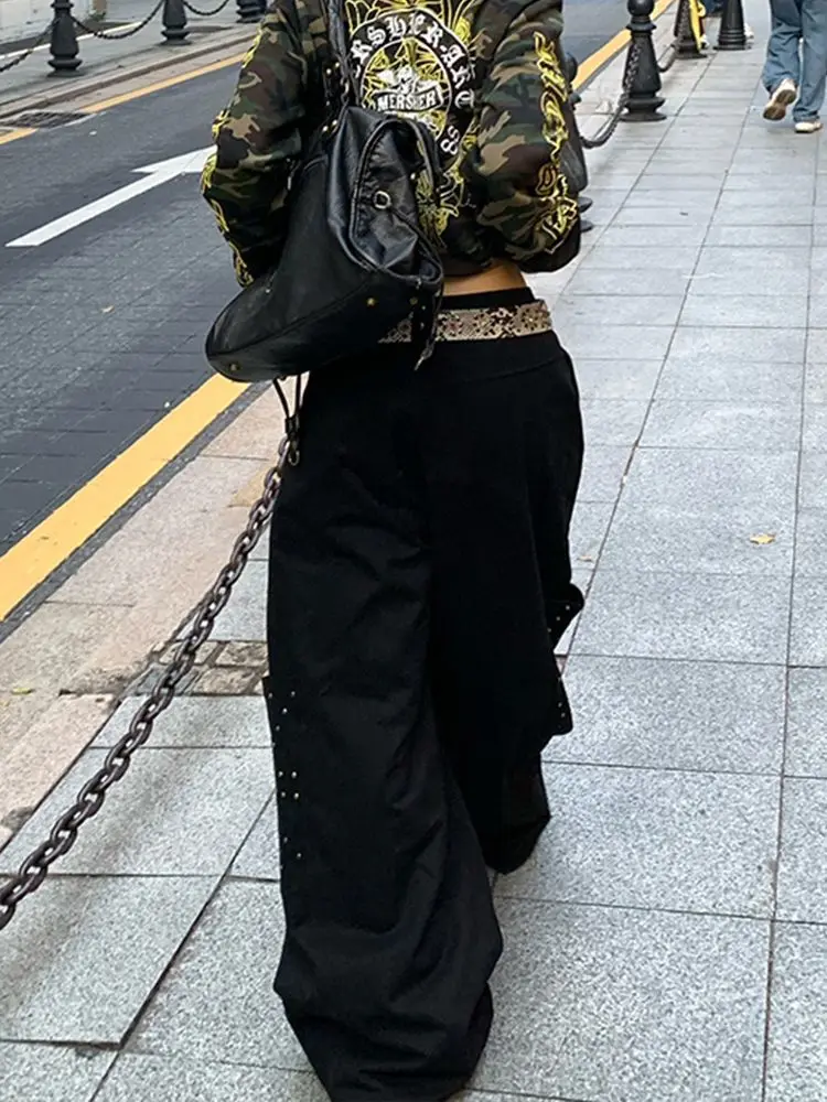 ديبتاون جينز بوي فريند أسود عتيق للنساء فاسق مغسول بأرجل واسعة على الطراز الأمريكي من قماش الدنيم ملابس شارع كبيرة الحجم