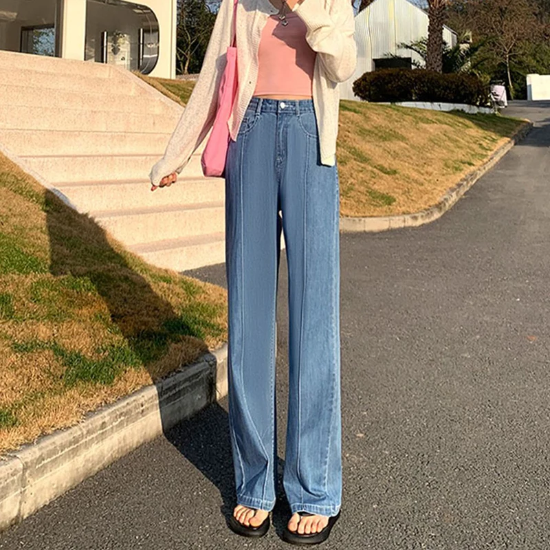 Jean coréen taille haute à jambes larges pour femme, pantalon droit ample et confortable, Style de rue rétro, en Denim délavé, automne