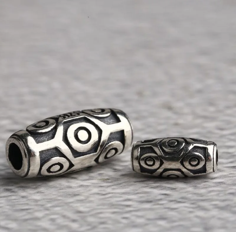 100% 925 Silver Tibetan 9 Eyes DZI Bead Silver Nine Eyed DZI Beads Sterling Good Luck Beads DIY Jewelry Findings