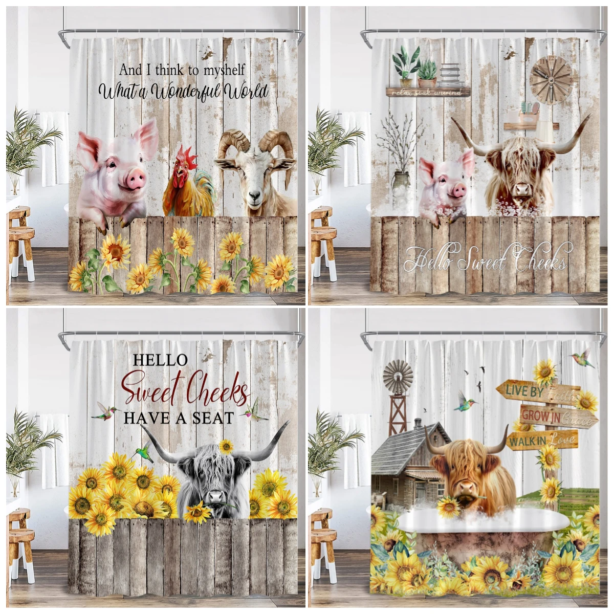 

Rustic Farm Animals Shower Curtain Countryside Sunflower Floral Pig Chicken Highland Cow Bath Curtains Fabric Bathroom Decor Set