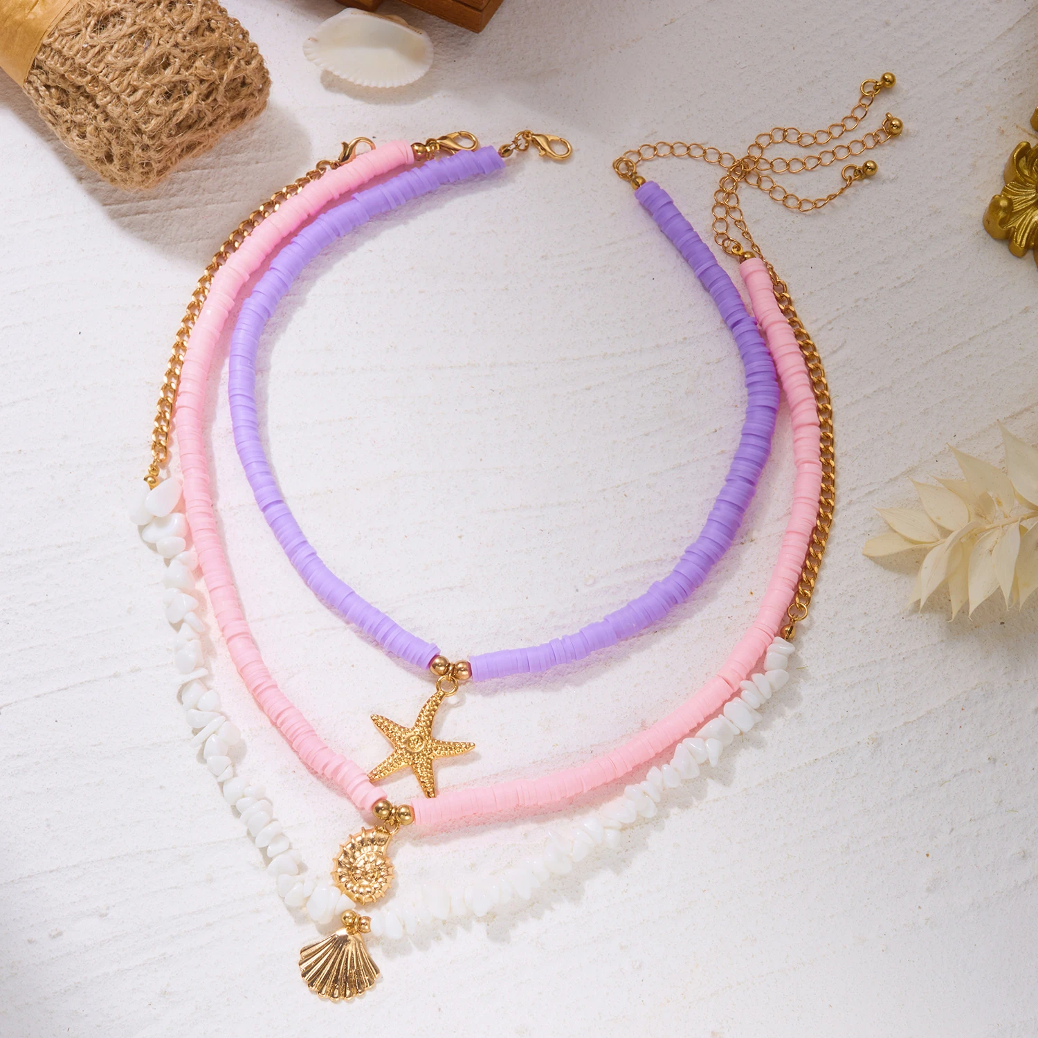 3-teiliges Set Bunte Unregelmäßige Kieselstein-Seestern-Anhänger Halsketten für Frauen Mehrschichtige Muschel-Halsketten Sommer-Strandschmuck – Detail 4