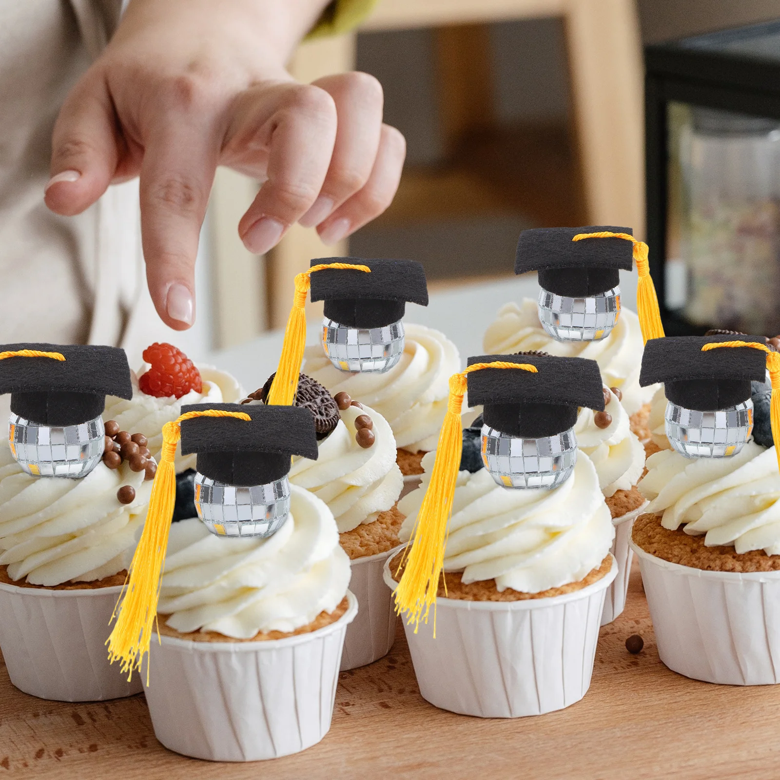 

10Pcs Graduation Disco Ball Tassel Cap Cupcake Toppers DIY Graduation Cupcake Picks High School College Kindergarten