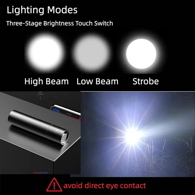 미니 충전식 LED 손전등, 3가지 조명 모드, 전술용 고광량 펜 라이트, 캠핑 하이킹용 포켓 램프