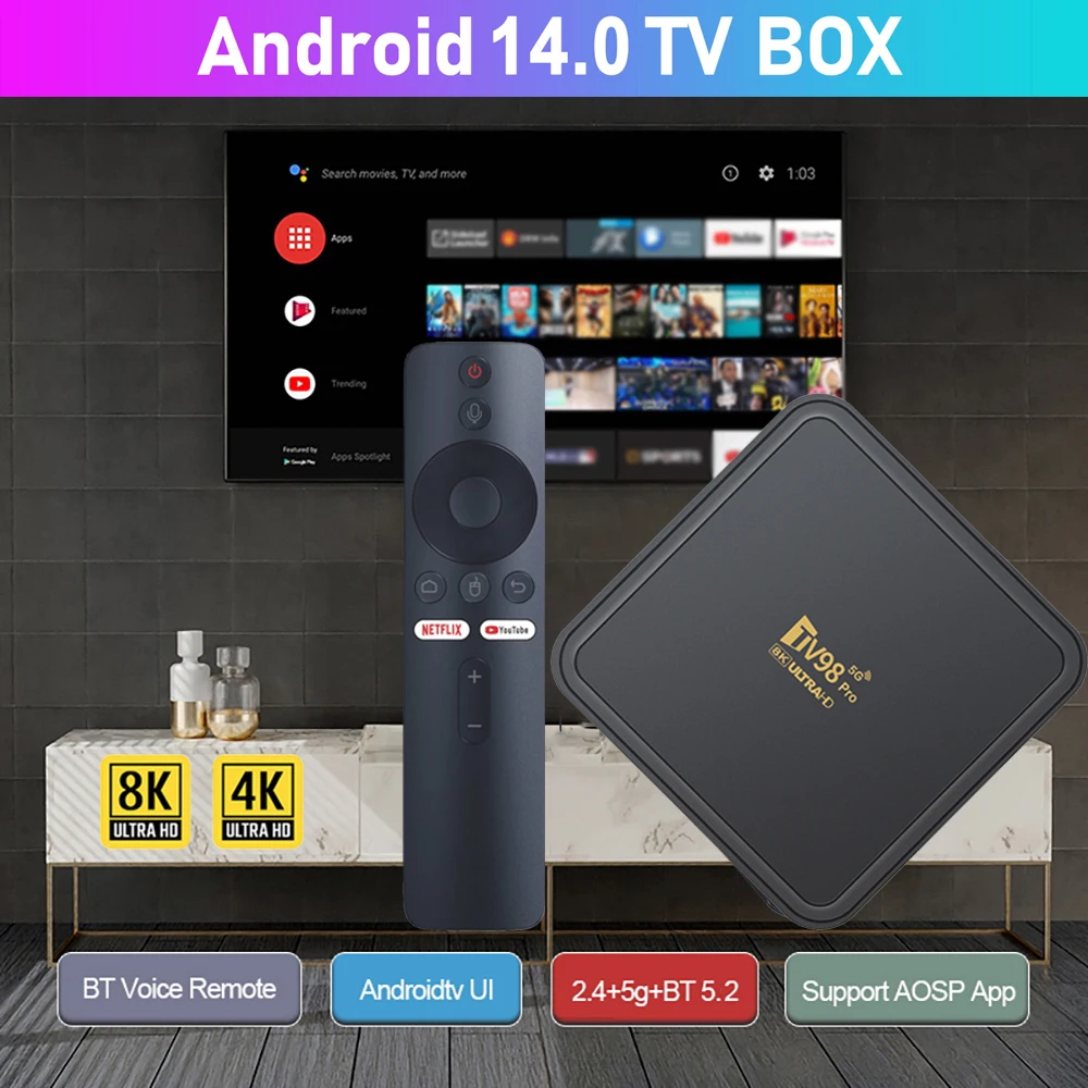 TV98 Pro TV Box Android 14 HD 8K Smart Streaming Media 2GB 16GB Rom Allwinner H313 Quad Core Voice Remote Control TV Box