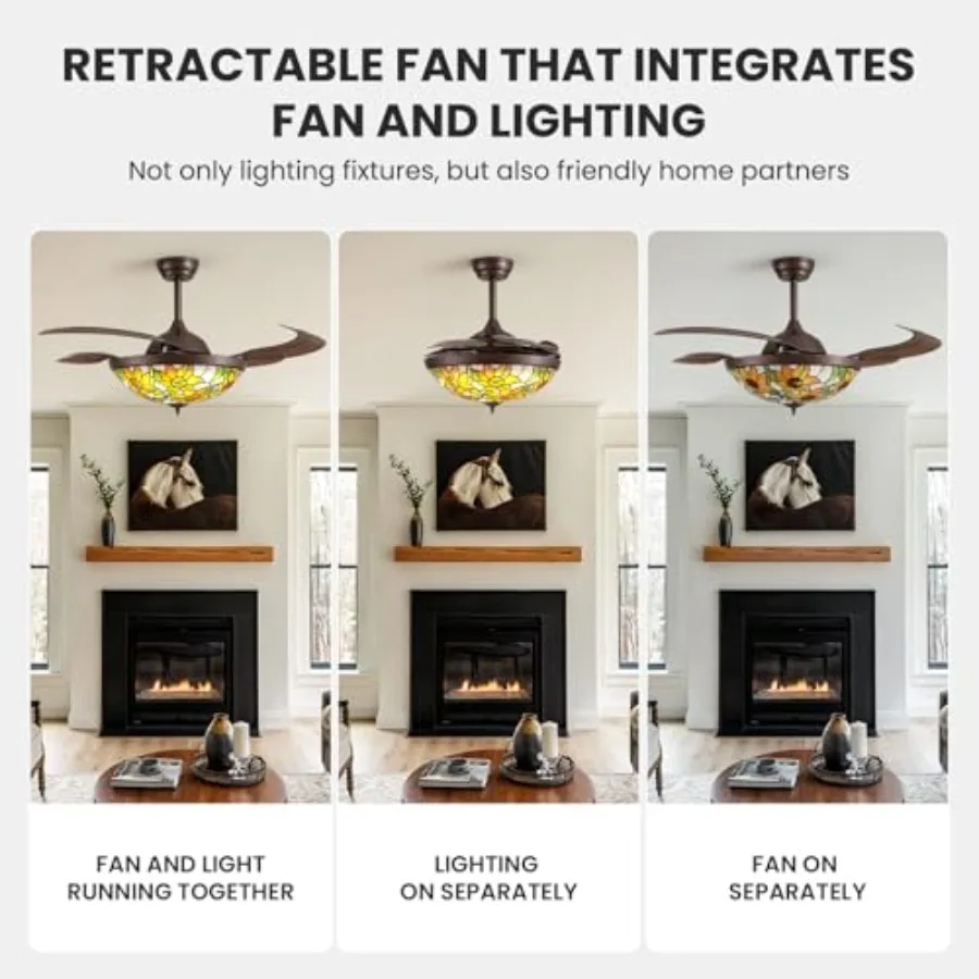 Dining/Living Room/Bedroom ceiling fan: 48-inch Tiffany-style stained glass, vintage bronze finish, dimmable light, APP/remote