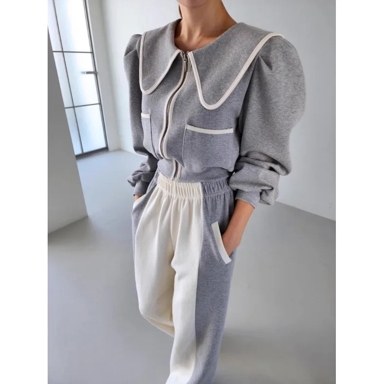 Top in felpa da donna coreano chic ort più pantaloni larghi abbinati Set da due pezzi Design casual versatile a colori