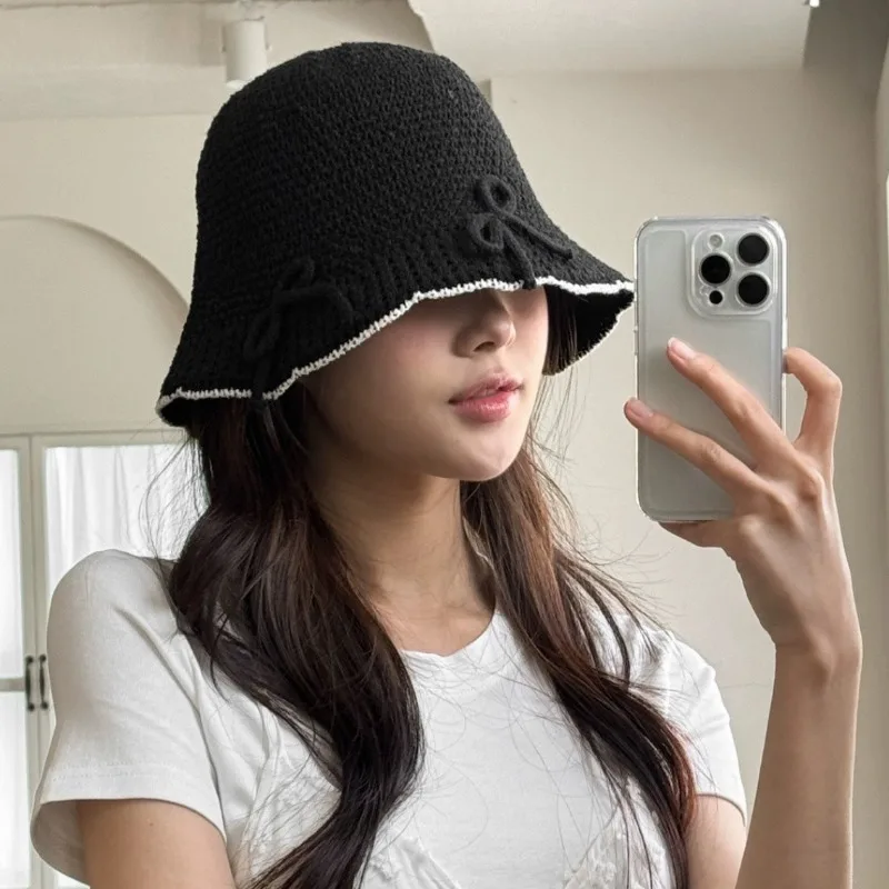 

Korean Bow Decorative Sunshade Knitted Bucket Hat Women's Spring and Summer Fashion Sweet Outdoor Travel Foldable Sun Cap 모자