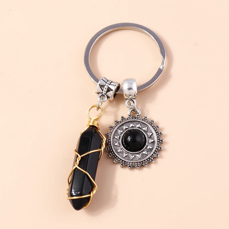 Retro Gem Stone Keychain Turquoise Sun Key Ring Pendant for Women Girl Handbag Decor DIY Key Chain Jewelry Gifts