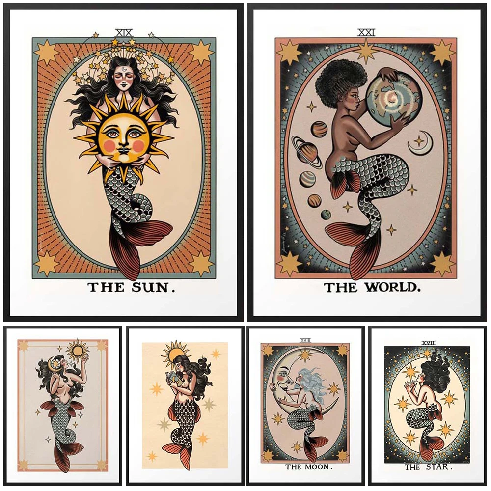 

Mystic Mermaid Peacock Dream Tarot Sun Moon Wall Art Canvas Painting Peacock Dream Decor Posters Wall Pictures For Living Room