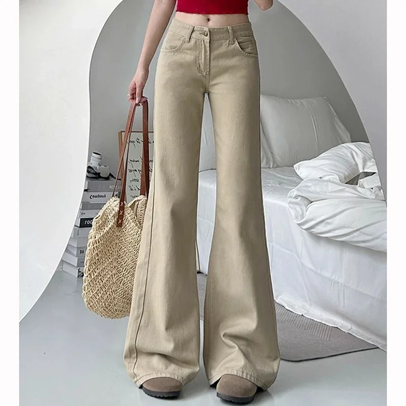 Girls Chic Khaki Low Waist Flared Jeans Women Retro Fashion Solid Denim Trousers Female Korean Thin Straight Leg Pants