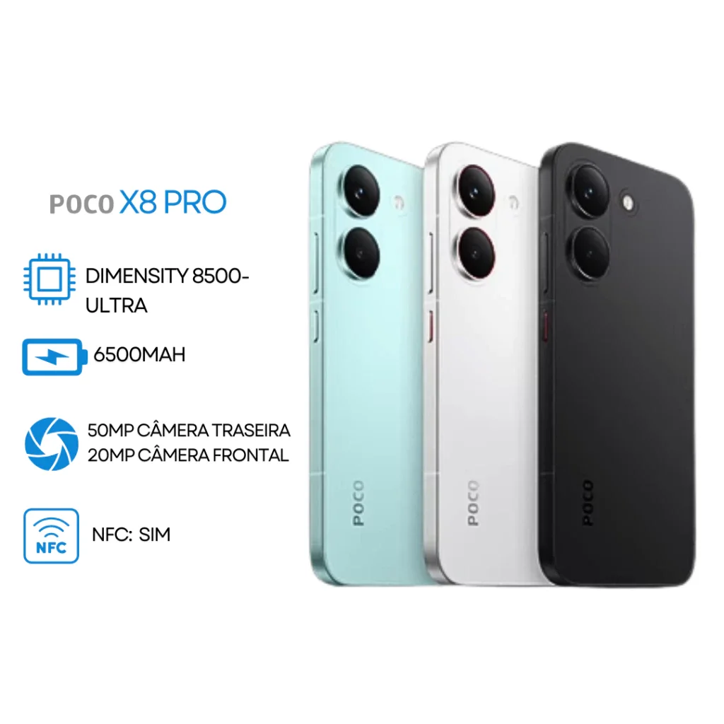 Poco X8 PRO 5G, 512GB/8GB Versão Global, MediaTek Dimensity 8500-Ultra, Bateria de 6500mAh, Câmera de 50MP