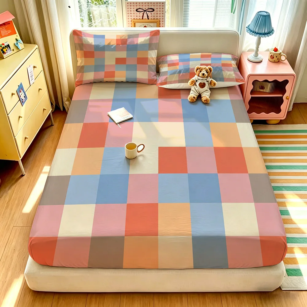 3pcs Contrast Plaid Print Bed Sheet Set Multiple Size Coreless Comfortable 1 Bed Sheet+2 Pillowcases Machine Washed