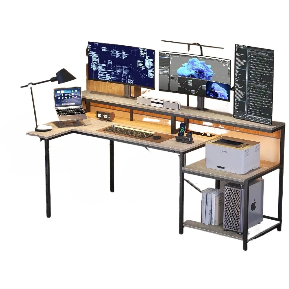 

*Cool Desk for Gaming Room 71.5 LED Computer Desk With Long Monitor Stand Cup Holder Headset Hooks Black Office Furniture