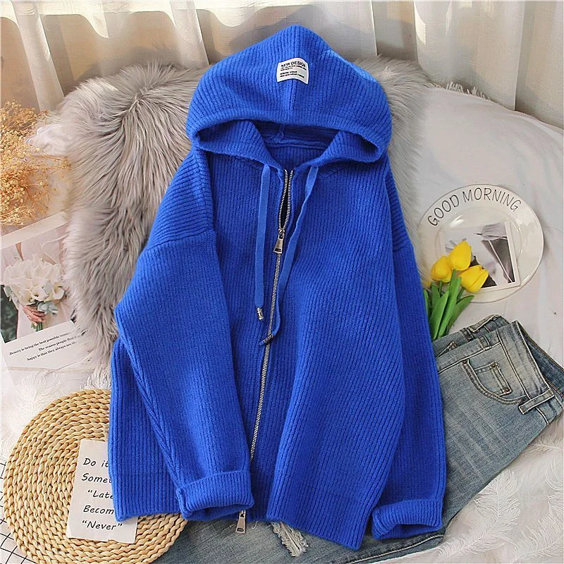 2024 Autumn And Winter New Clothing Fashion Thick Solid Color Hooded Cardigan Zipper Coat Sweater Women\'s Loose Top Thickened