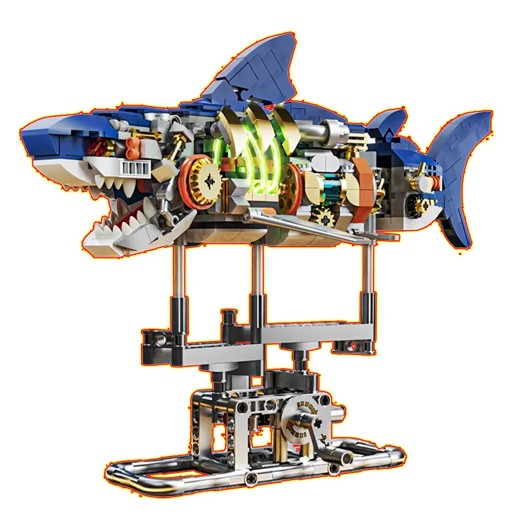 Shark Sea Life Building Blocks Set with Display Stand and Lights Mechanical Shark Building Set Block Gift for Kids and Adults