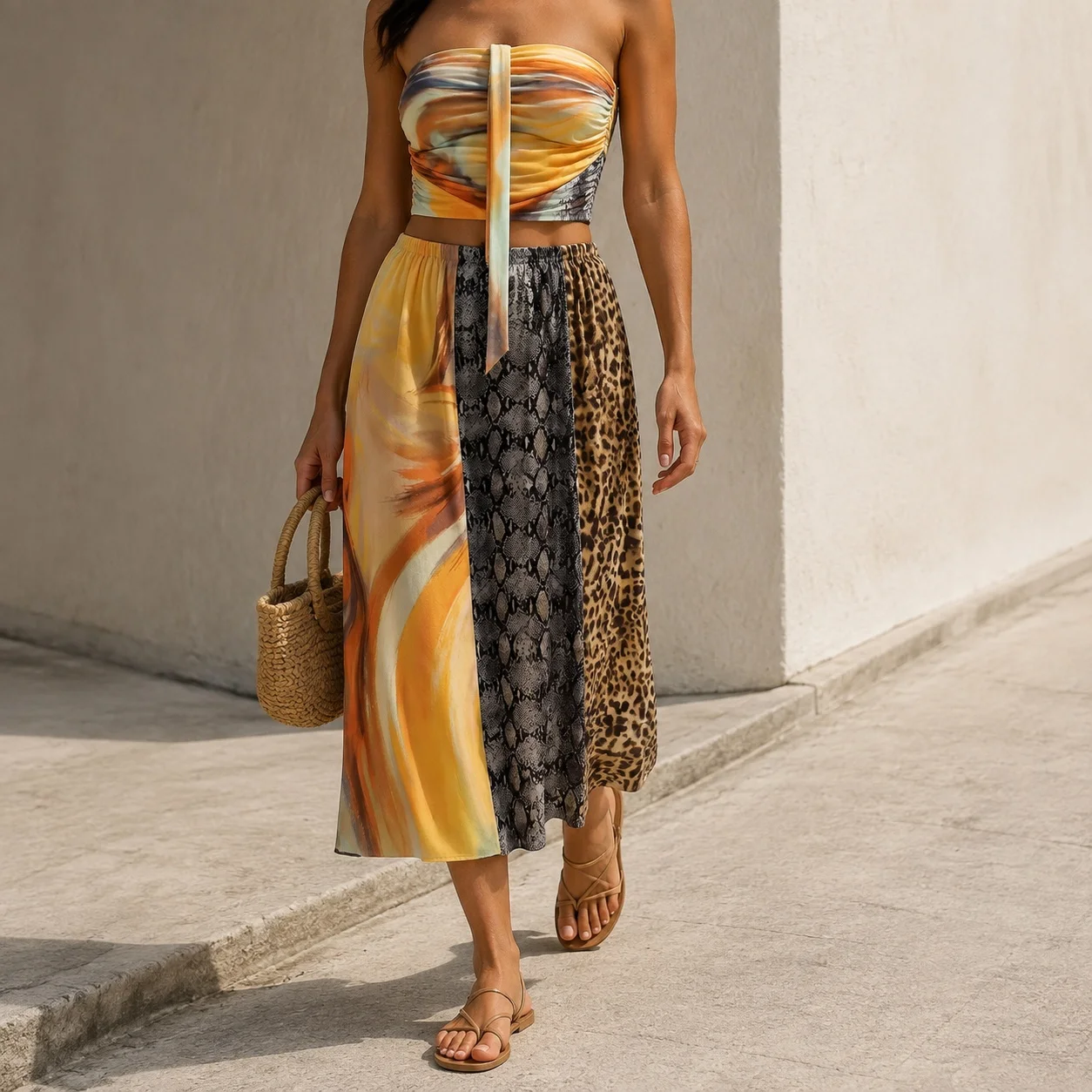 Patchwork Printed Set Maxi Length Sexy with Sleeveless Top Long Skirt Streetwear Tank Top Skirt Sets Summer for Women