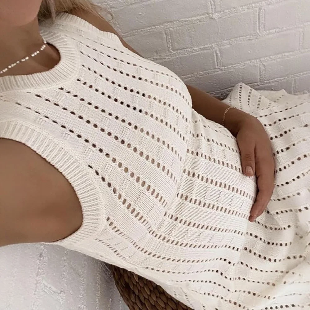 Vestido sem mangas feminino 2025 verão novo vestido de malha de cor sólida recorte tripulação pescoço sem mangas praia cobrir maxi vestido