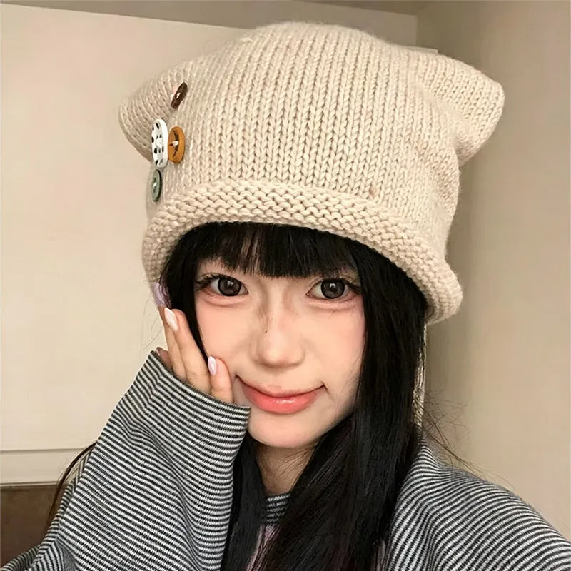Japanische Katzenohren-Strickmütze mit Knopfverschluss für Frauen mit großem Kopf, warme Ohrenschutz-Mütze für Herbst und Winter – Detail 5