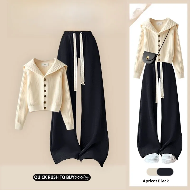 2024 Early Autumn Short Knitted Top High Waist Wide Leg Pants Two Piece Set Slimming Effect Korean Style Casual Fashion