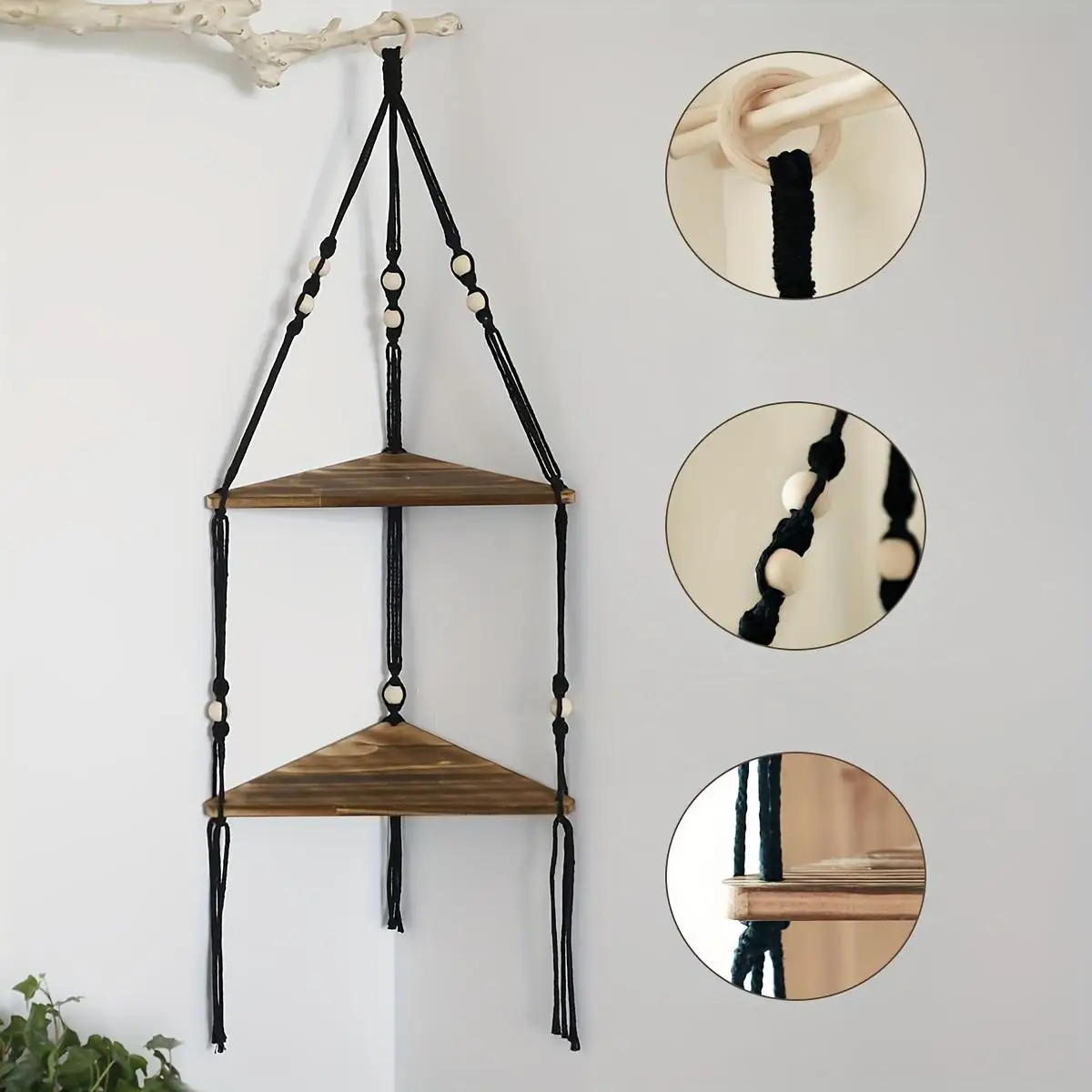 2-Tier Wall Hanging Corner Shelf, Rustic Boho Fabric with Hand Woven Rope, Multi-Room Storage for Plants & Photo Frames