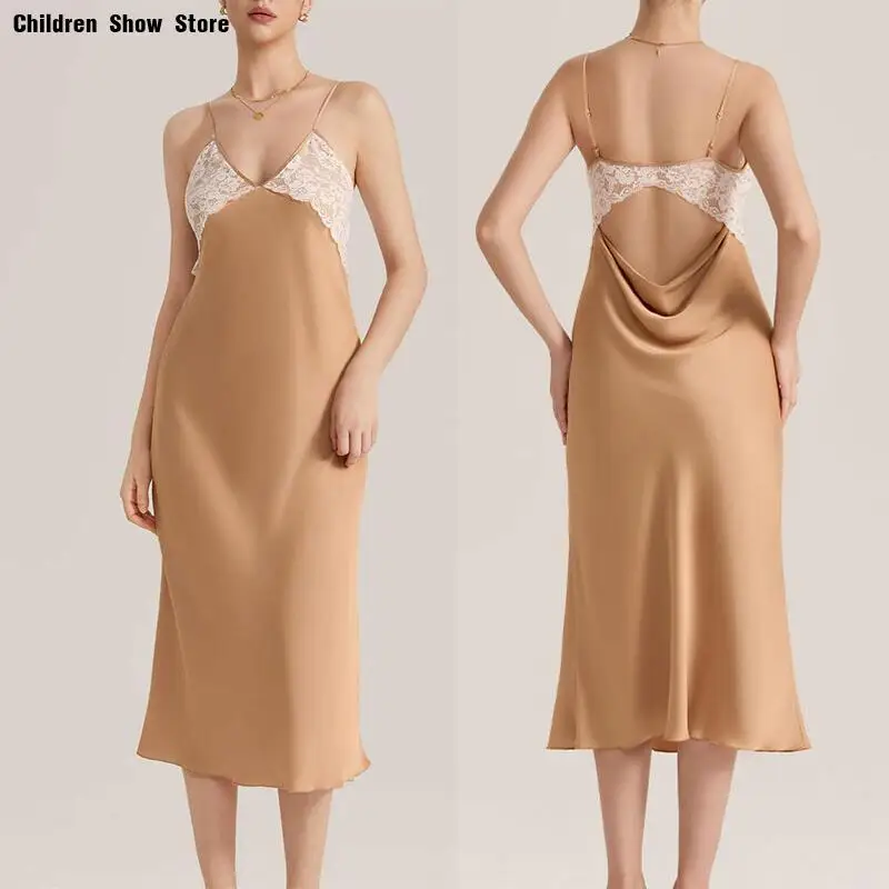 

Sexy Nightdress Lady Long Spaghetti Strap Home Dressing Gown Lace Up Backless Lingerie Sleepshirt Nightgown Rayon Pajamas