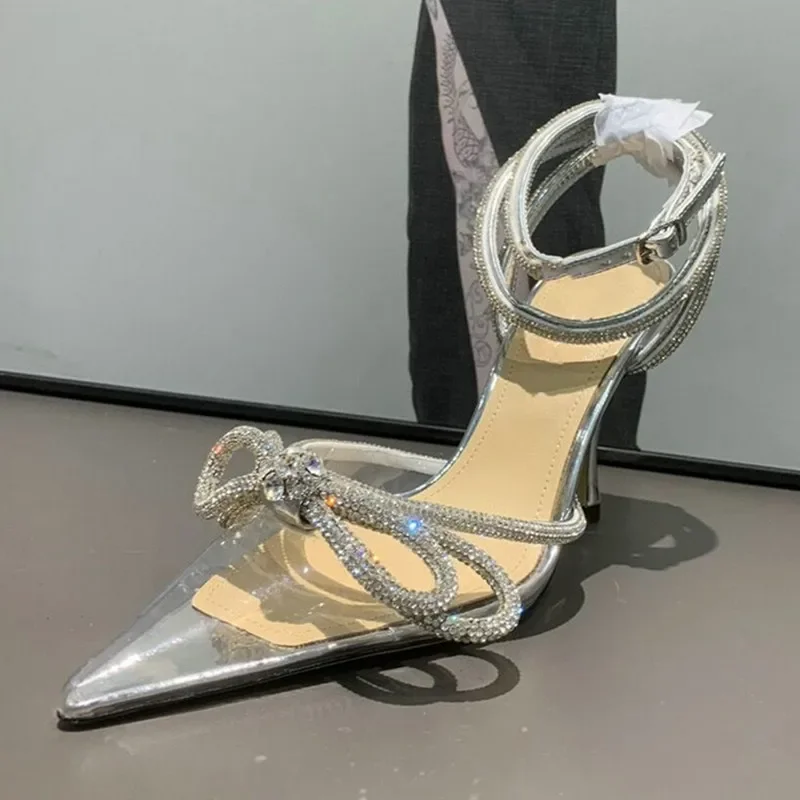 Spring/autumn 2024 Women's Shoes Fashion Butterfly-knot Narrow Band Bling Patchwork Cross-tied Crystal Pointed Toe Pumps