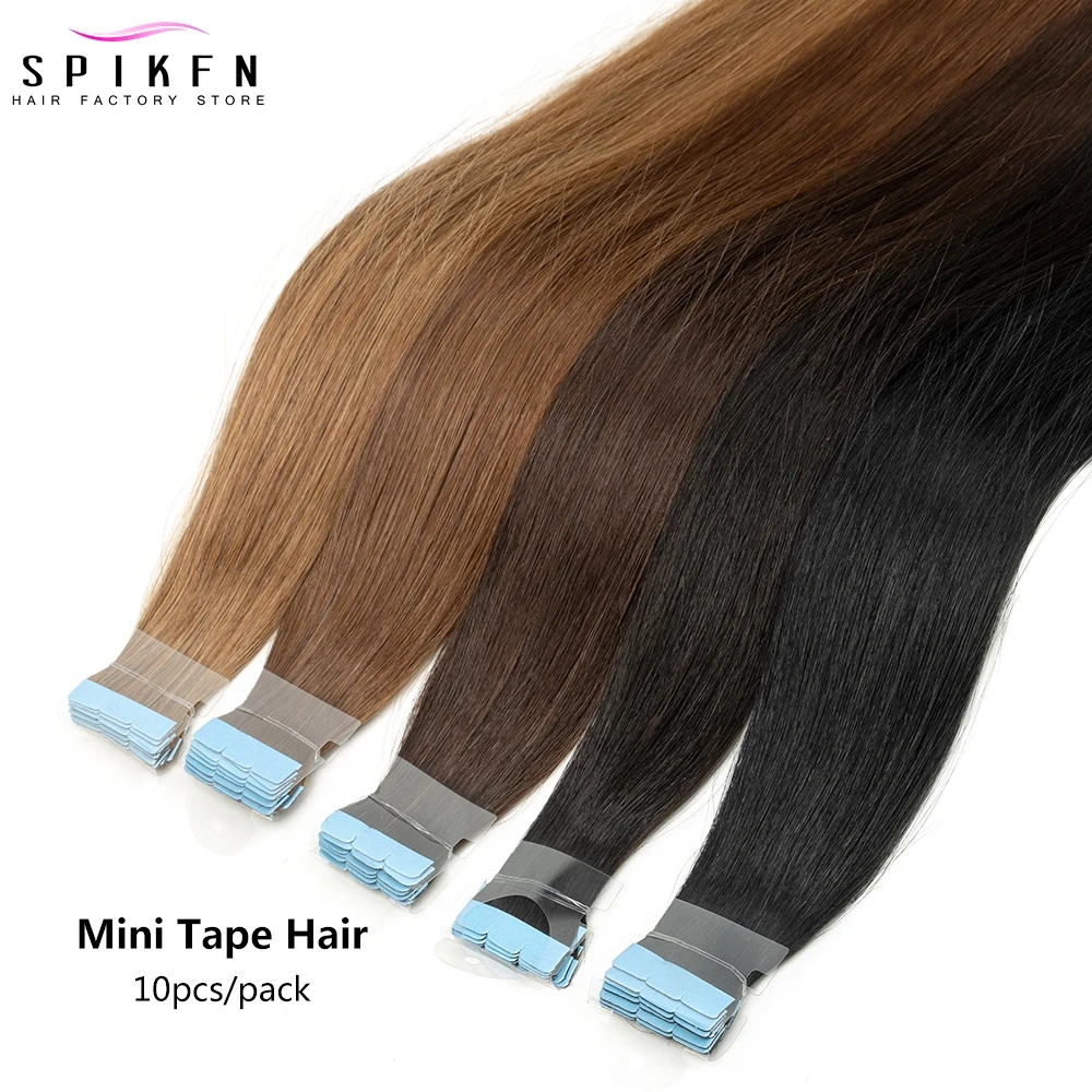 SPIKFN-Mini cinta recta en extensiones de cabello, cinta adhesiva de trama de piel Invisible, cabello humano, cabello Nautral, 12-24 pulgadas, 10 unids/lote por paquete