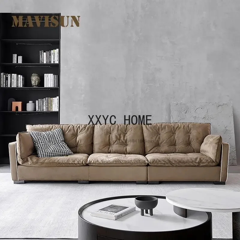 Italian Style Light Luxury Living Room Sofa First Layer Cowhide Flannel Nordic Small Apartment Trend Full Frosted Leather