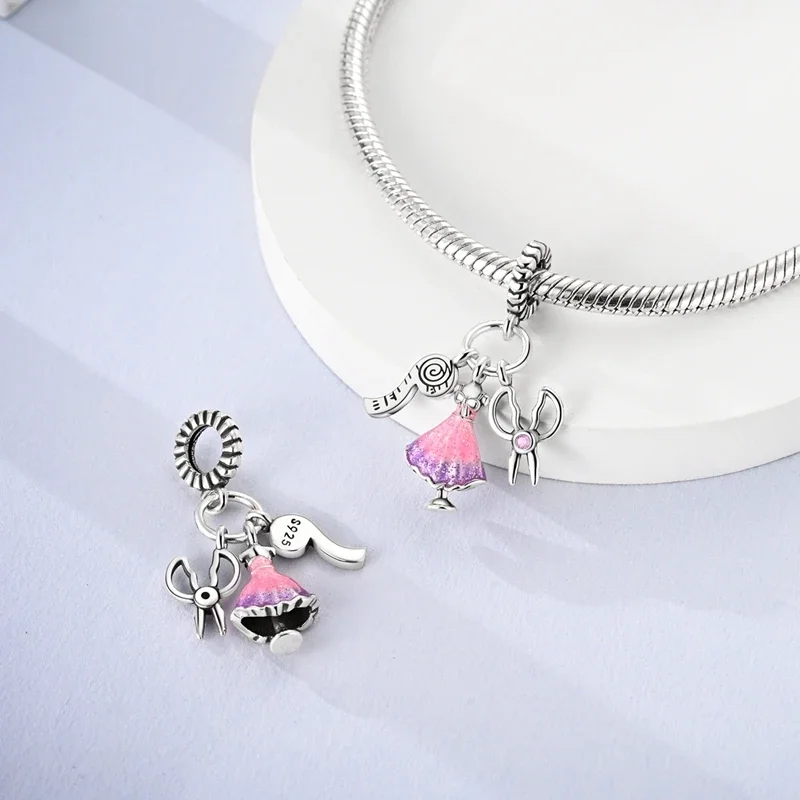 

Подвески из серебра 925, розовые ножницы, рулетка, юбка, подвески, подвески, подходят для подвесок Plata 925, оригинальный браслет, бусины, женские ювелирные изделия