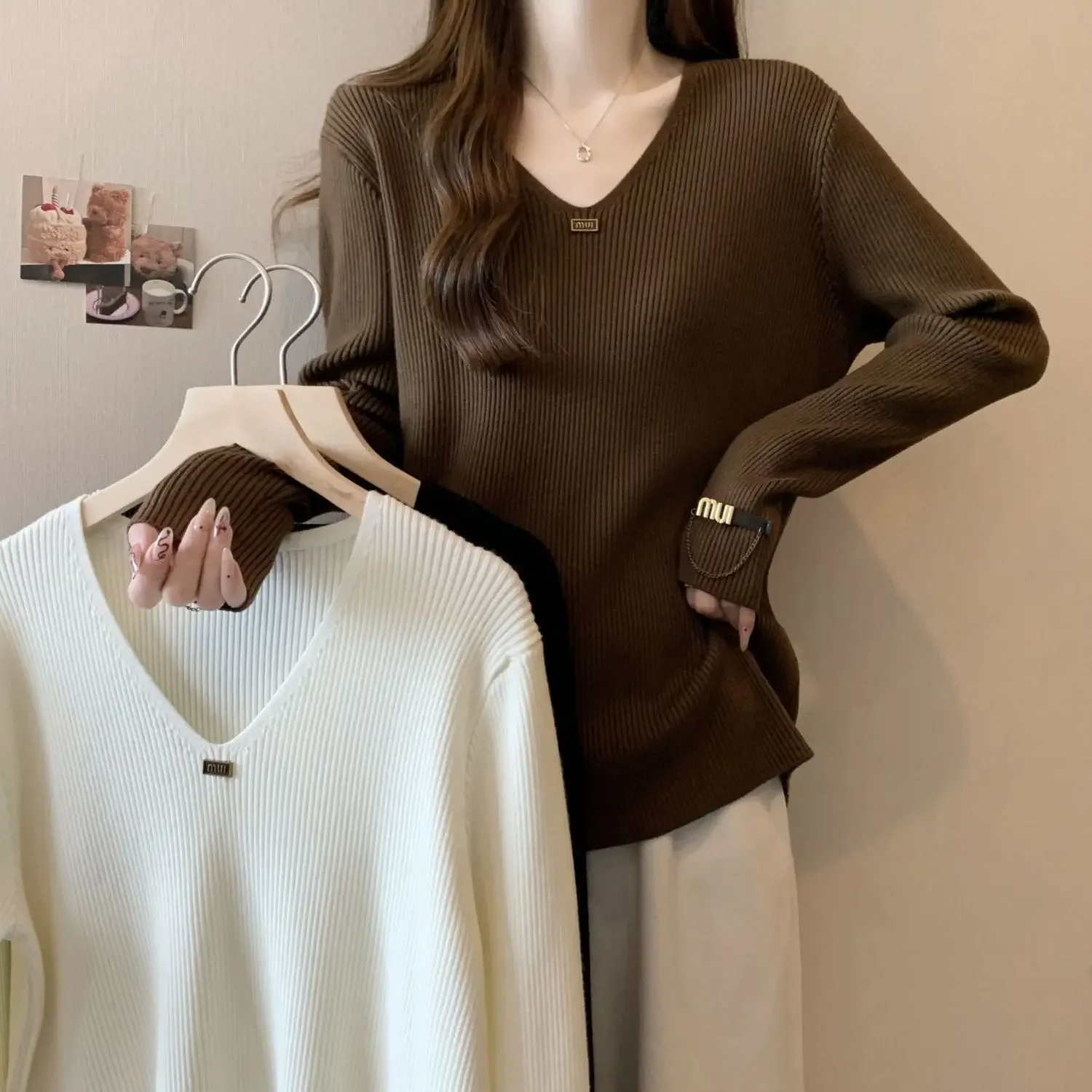 

Spring Autumn Slimming Base Layer Commute Classic Versatile Knitted V Neck Sweater Long Sleeve plus Size Women's Knitwear
