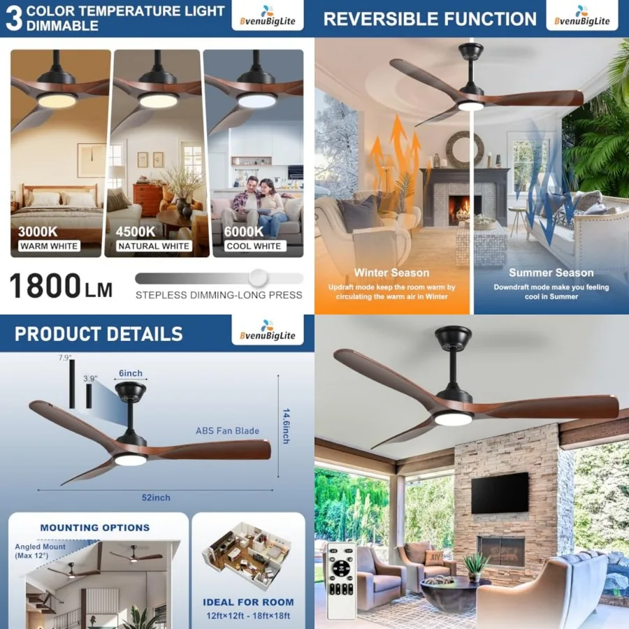 Outdoor Ceiling Fan with Light: 3 Blade Outdoor Fans for Patios - Modern Walnut Ceiling Fan with Dimmable Light Remote Control