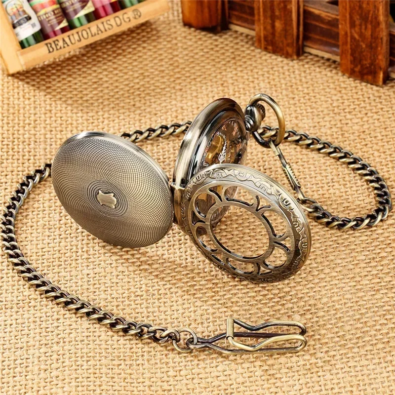 Vintage Style Pocket Watch Hollow Out Case Men's Handwinding Mechanical Watches Roman Numeral FOB Pendant Chain Timepiece Gift