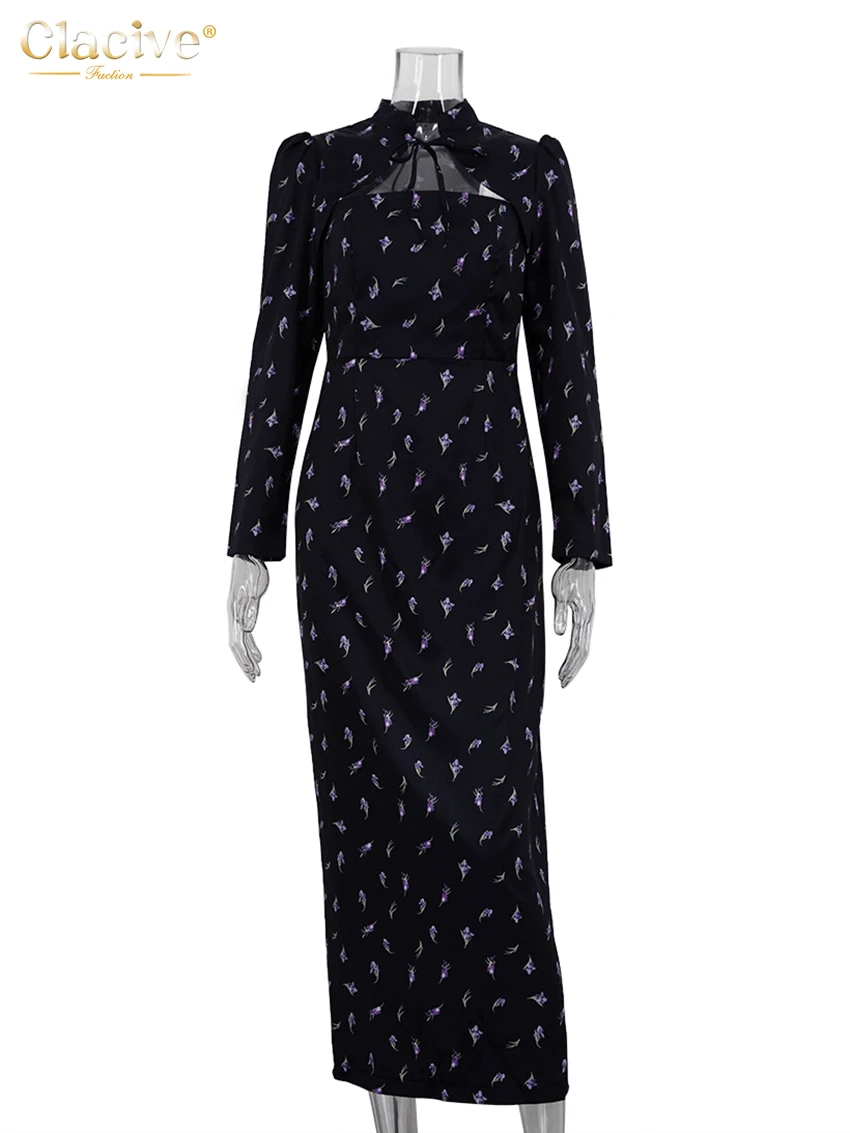Clacive Fashion Slim Print Women\'s Dress Bodycon Stand Collar Long Sleeve Ankle Length Dresses Elegant High Waist Female Dress