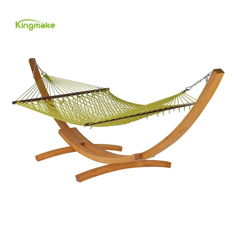 

2026 Kingmake High Quality Leisure Double 2 People Rain Resistant Rope Weaving Wood Patio Swing Hammock Bed For Garden Hotel Vi
