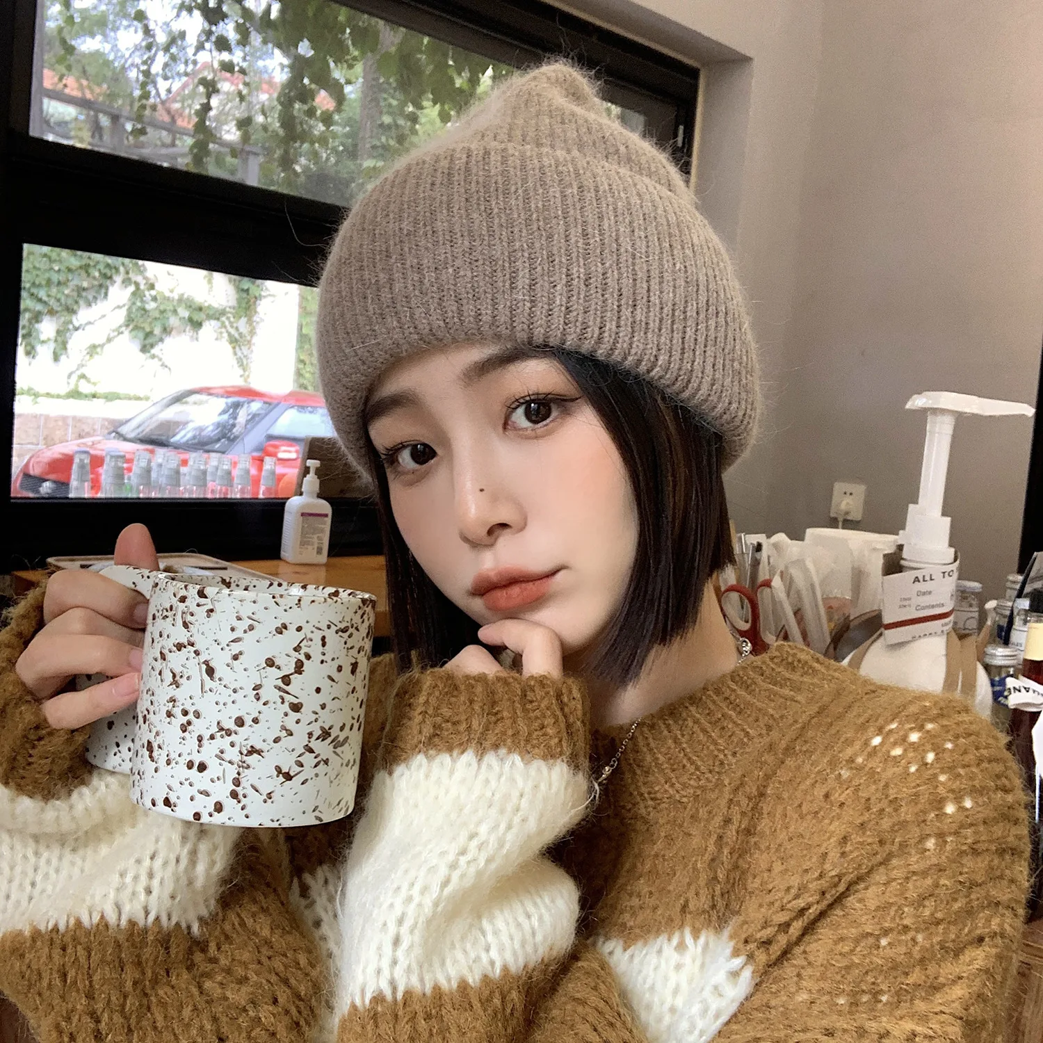 Winter Angola Rabbit Fur Knitted Beanies For Women Fashion Solid Warm Cashmere Wool Skullies Cap Female Three Fold Thick Hats