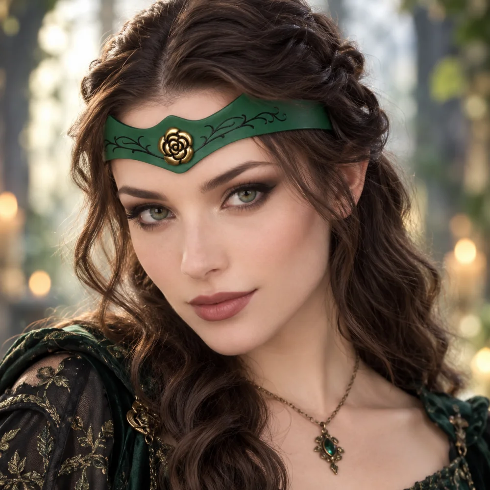 Vintage Medieval PU Leather Elf Headband, Brown/Green Vine Floral Headpiece for Women, Forest Fairy Witch Cosplay Accessory