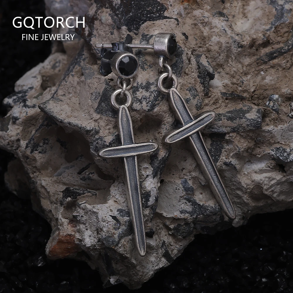 

925 Sterling Silver Cross Sword Pendant Drop Earrings With Black Zircon Men Women Retro Unique Design Hypoallergenic Ear Jewelry