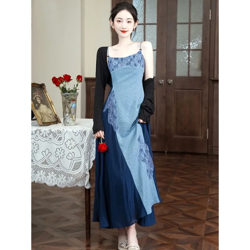 

Improved Traditional Chinese Blue Floral Jacquard Splicing Cheongsam Dress Suit with Cardigan Women 2024 Summer Casual Dresses