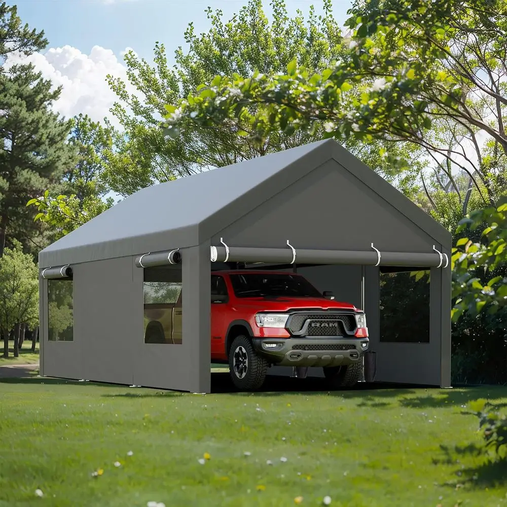 

12x20 Heavy-Duty Portable Carport with Removable Sides, Roll-Up Window, Sandbags, All-Season Cover for Cars, Trucks, Boats - Gre