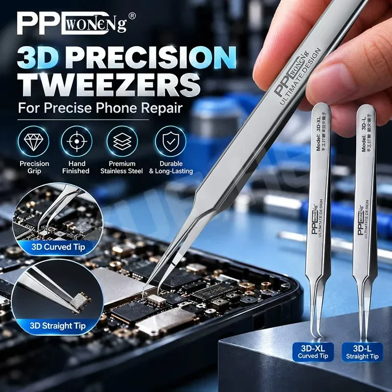 PPD 3D Straight Curved Tweezers Premium Stainless Steel Precision Tip for Phone PCB Chip Micro Component Repair Tools