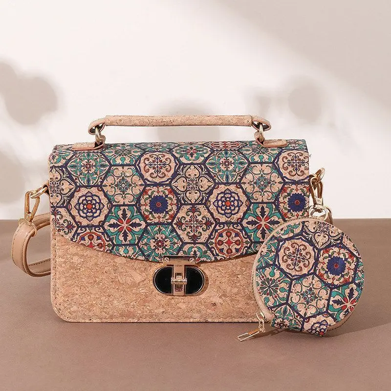 Soft Cork Treebark Women's Handbag Geometric Pattern Crossbody Bag Daily Versatile Small Square Bag Retro Style Fashionable