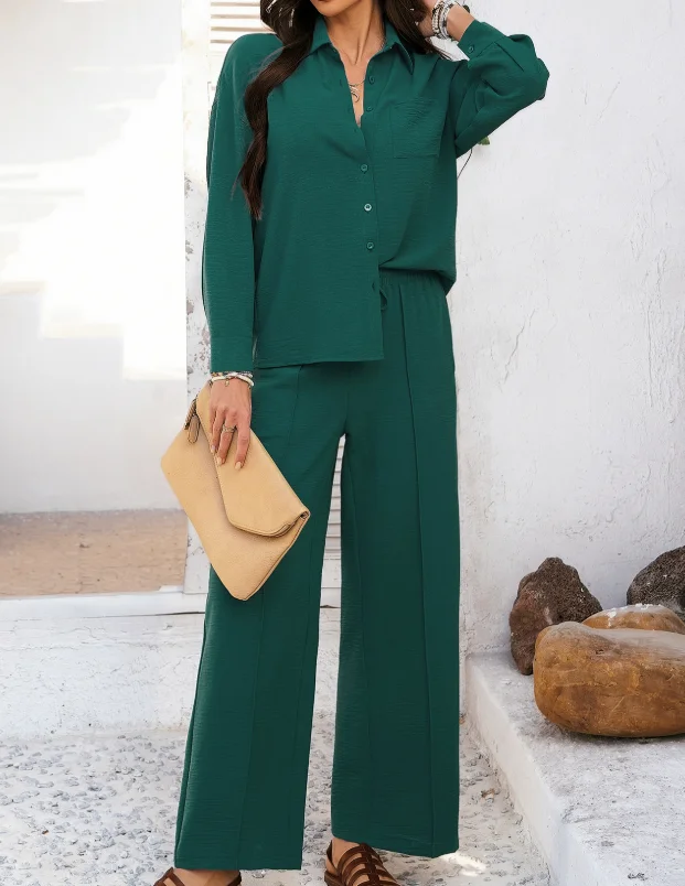 

Leisure vacation style solid color long sleeved two-piece set, new women's clothing for summer 2025